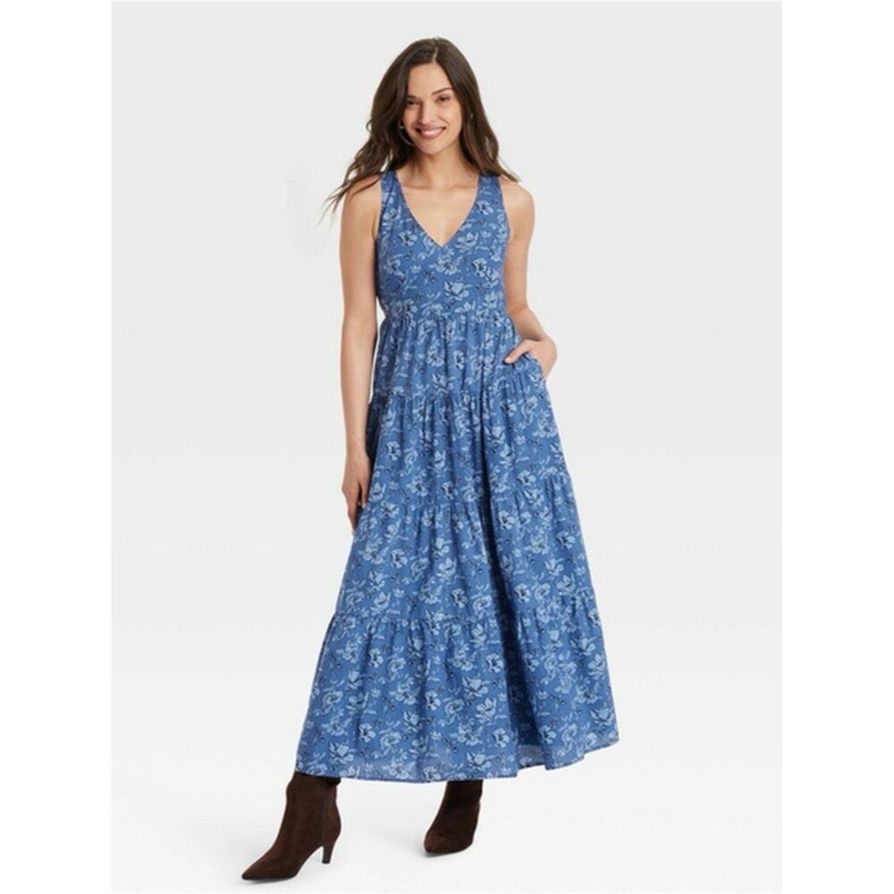 Universal Thread Blue Floral Maxi Dress with V-Neck size large